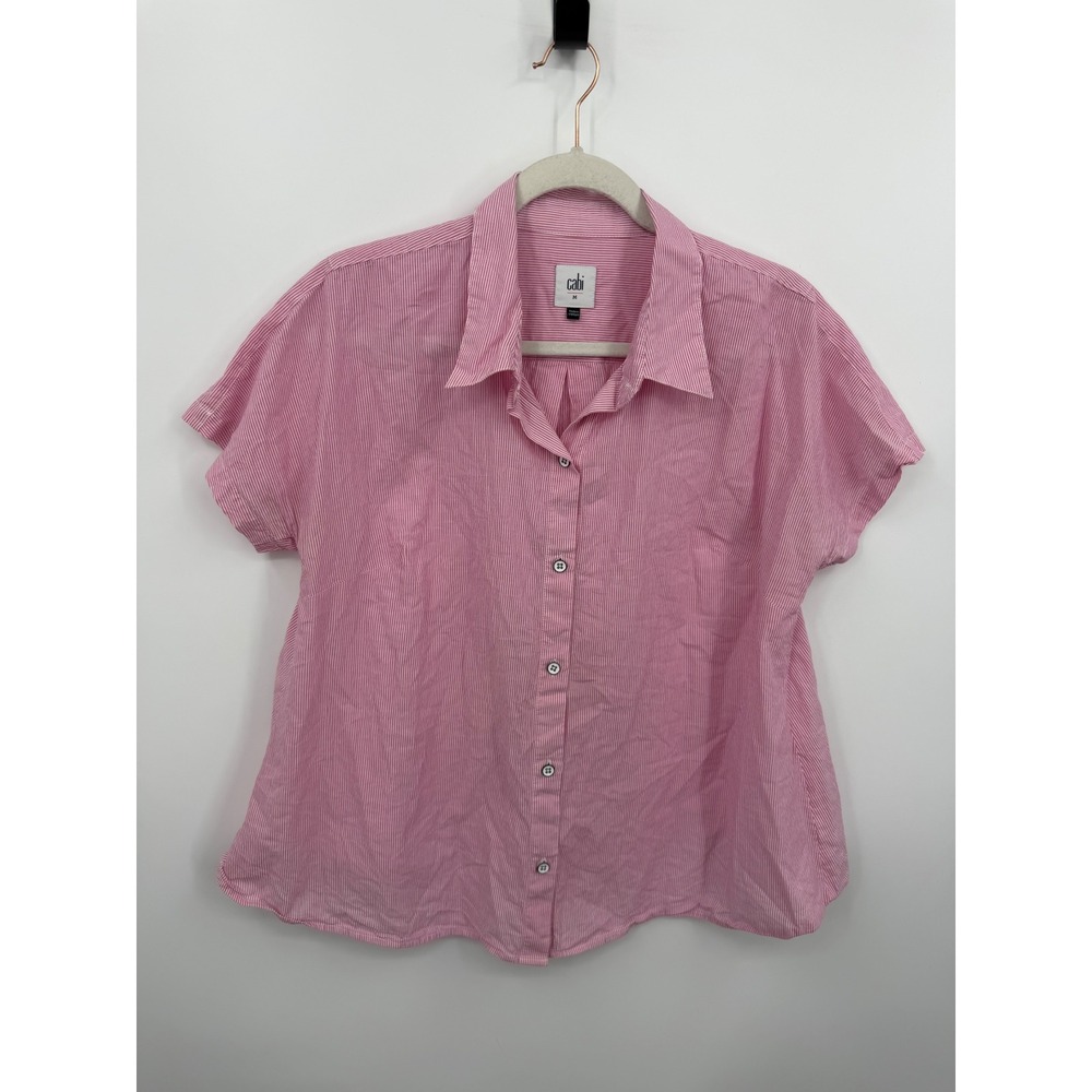 Cabi 5789 Pip top Short Sleeve Button Down Shirt M Pink White Pinstripe Cotton